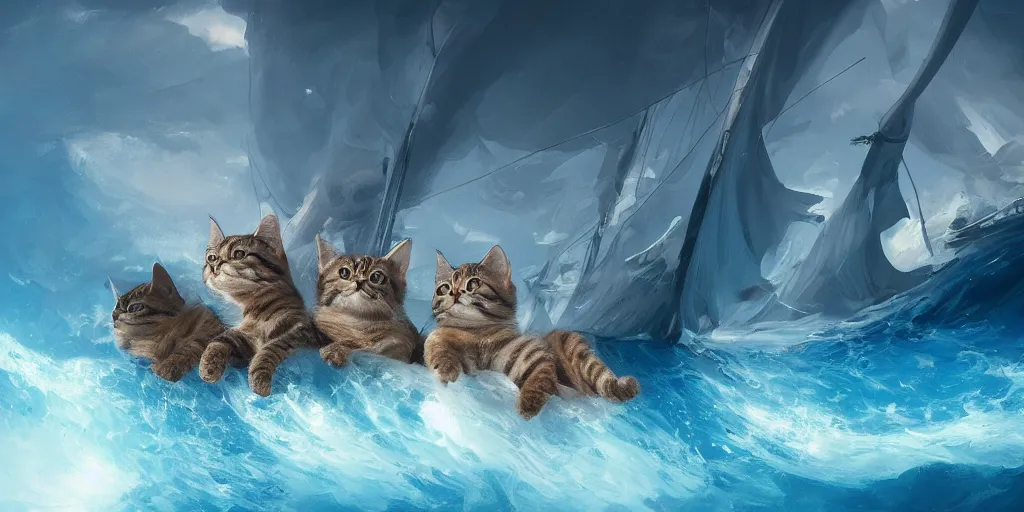 Image similar to Several cats sailing over a blue ocean, Darek Zabrocki, Karlkka, Jayison Devadas, Phuoc Quan, trending on Artstation, 8K, ultra wide angle, pincushion lens effect.