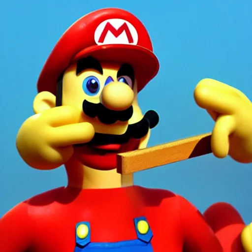 Image similar to Close up photo of ((Mario)) in a still from a Wallace and Gromit stopmotion animation, plasticine models, British stopmotion, high quality, a bit desaturated colors, art by Aardman Animations, 4k