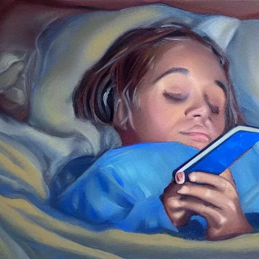 Prompt: laying in bed in the dark endlessly scrolling on your phone, painting, artist rendition