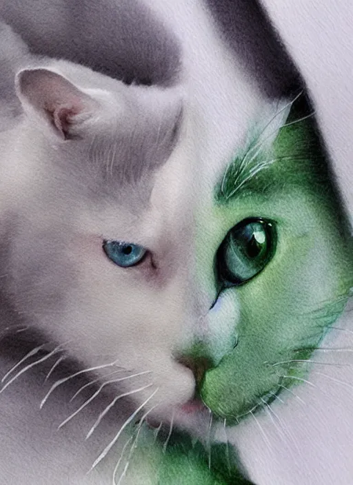 Image similar to blonde woman with green eyes kisses a grey white cat with green eyes, watercolor, dramatic lighting, cinematic, establishing shot, extremly high detail, foto realistic, cinematic lighting, pen and ink, intricate line drawings, by Yoshitaka Amano, Ruan Jia, Kentaro Miura, Artgerm, post processed, concept art, artstation, matte painting, style by eddie mendoza, raphael lacoste, alex ross