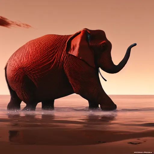 Image similar to red elephant with wheels driving on the Pacific ocean, highly detailed, 8k, bordering on artstation,