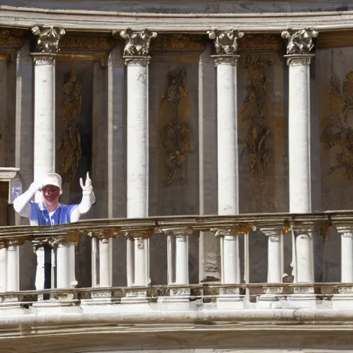 Image similar to Andrew Gilding giving a thumbs up to thousands of fans from the balcony of the Vatican