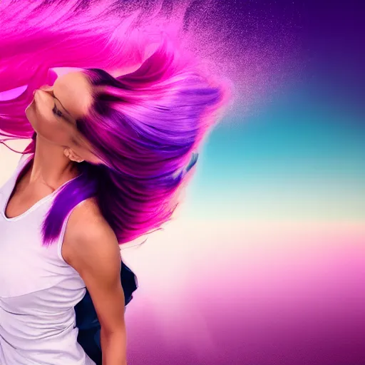 Image similar to a award winning full body shot of a beautiful woman in a croptop with a ombre purple pink teal hairstyle with head in motion and hair flying, outrun, vaporware, vivid colors, highly detailed, fine detail, intricate