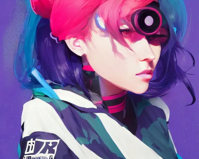 Prompt: poster woman with futuristic streetwear and hairstyle, colourful, cute face, anime eyes, dynamic portrait, intricate eyes, beautiful, elegant, Anime by Kuvshinov Ilya, Cushart Krentz and Gilleard James, 4k, HDR, Trending on artstation, Behance, Pinterest, award winning