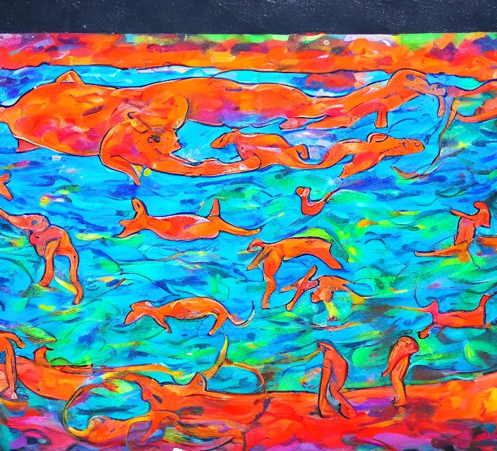 Image similar to a shallows with hippopotamuses. in a neo - figurative art style. using action painting.