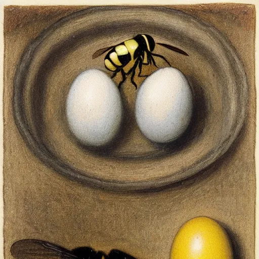 Image similar to a beautiful oil painting of a wasp and an egg by Alfred Kubin