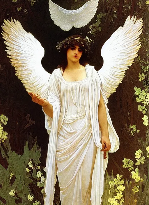 Image similar to painting of a beautifully robed angel with huge white feather wings, intricate, elegant, hyperdetailed, by alphonse mucha and william - adolphe bouguereau and john william waterhouse