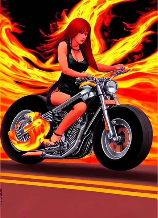 Prompt: a biker chick riding a hotrod muscle car down a street made of fire, digital painting masterpiece, by ilya kuvshinov and rockin jellybean