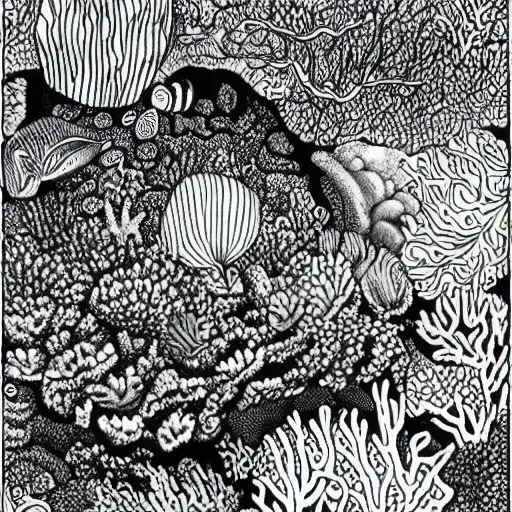 Image similar to grayscale adult coloring page of the coral reef