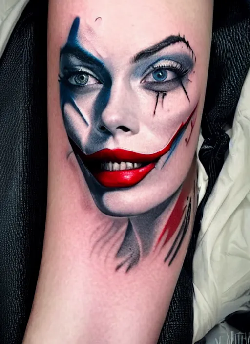 Image similar to tattoo design of margot robbie with joker makeup, ace card, realistic face, black and white, realism tattoo, hyper realistic, highly detailed