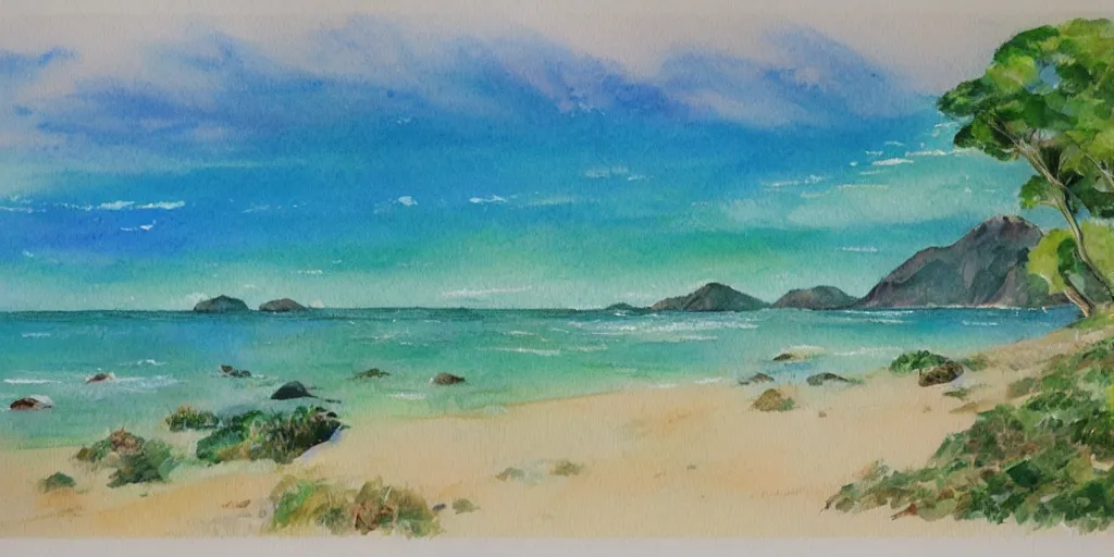 Image similar to golden bay new zealand, abel tasman, colorful watercolor painting, trending on artstation