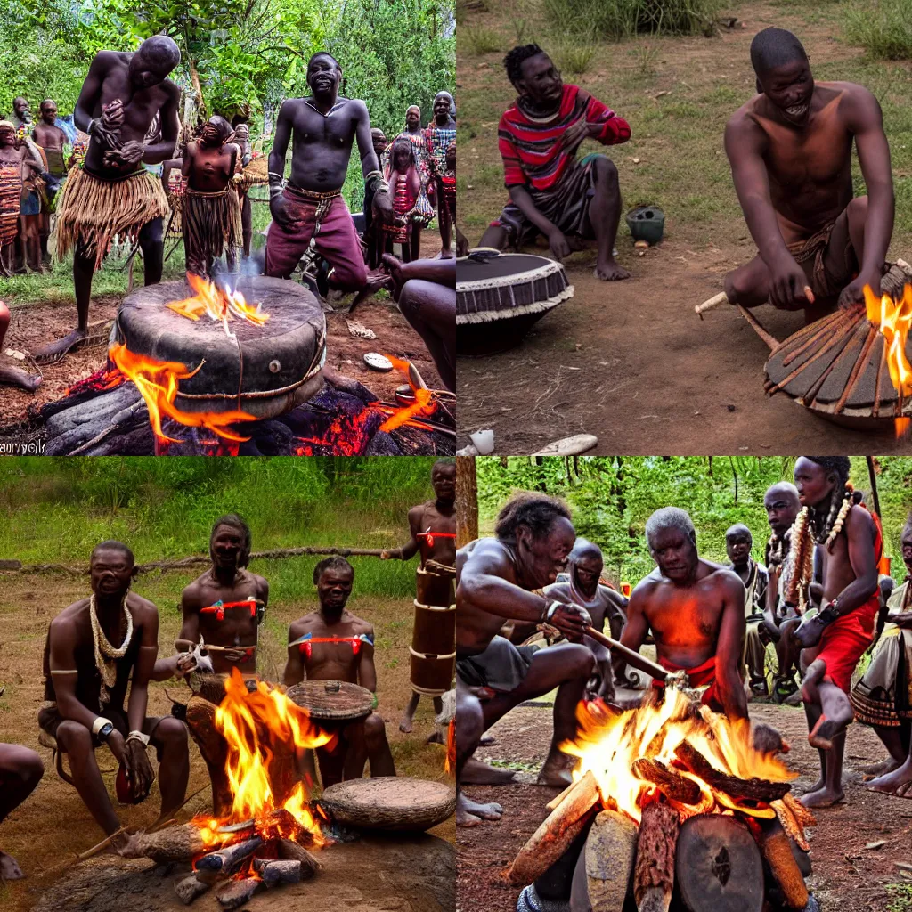 Prompt: African tribe plays the drums around the campfire while the oldest tribesman performs a levitation ritual, Realistic, HDR, 8K,