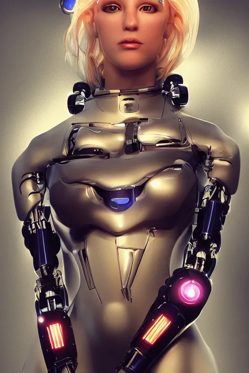 Image similar to a beautiful woman with blonde hair wearing robot suit with wires and light, highly detailed, photorealistic, artstation, smooth