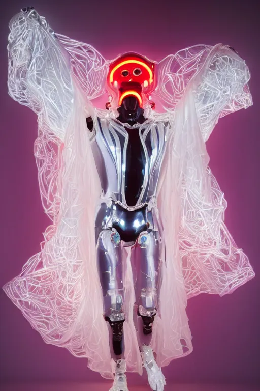 Prompt: full-body baroque and bladerunner style white neon and ceramic statue of a muscular attractive Spanish robot god humanoid wearing a see-through silk cloak sim roupa, posing like a falling model, suspended from the ceiling with thick neon cables, glowing peach face, street hoody of red steampunk lasers, emeralds, swirling silver silk fabric. futuristic elements. oozing glowing liquid, full-length view. space robots. human skulls. throne made of bones, intricate artwork by caravaggio. Trending on artstation, octane render, cinematic lighting from the right, hyper realism, octane render, 8k, depth of field, 3D