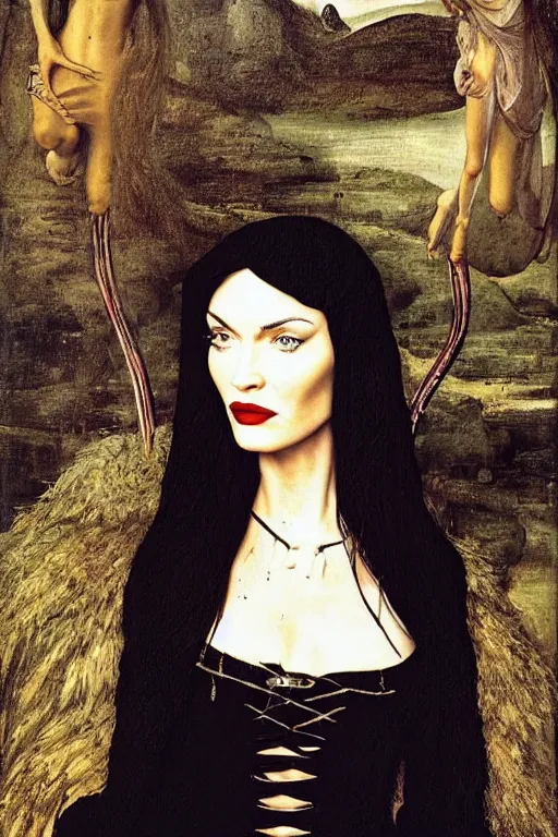 Image similar to portrait of megan fox as morticia addams, oil painting by jan van eyck, northern renaissance art, oil on canvas, wet - on - wet technique, realistic, expressive emotions, intricate textures, illusionistic detail