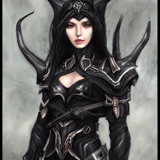 Image similar to portrait of a female dark elf by ayami kojima, she is about 2 0 years old, american, black hair, introvert, she is wearing a modern witch tactical gear, scifi, highly detailed portrait, digital painting, artstation, concept art, smooth, sharp foccus ilustration, artstation hq