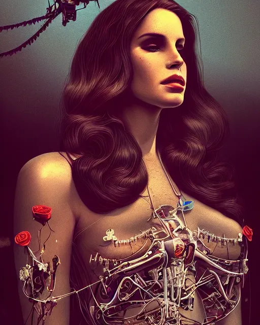 Image similar to portrait of lana del rey as a cyborg. intricate abstract. intricate artwork, tear drops, roses, crucifix, by tooth wu, wlop, beeple, dan mumford. concept art, octane render, trending on artstation, greg rutkowski, symmetrical, cinematic, key art, hyper realism, iridescent accents