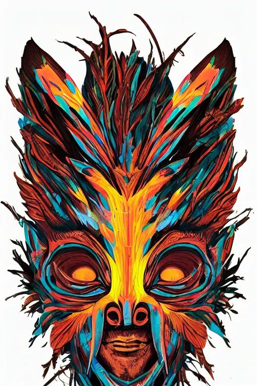 Image similar to animal mask totem roots flower tribal feather gemstone plant wood rock shaman vodoo video game vector cutout illustration vivid multicolor borderlands comics by josan gonzales and dan mumford radiating a glowing aura