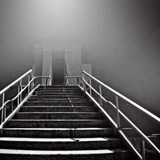 Image similar to black and white surreal photograph, highly detailed vast space made of stairsteps, sideview, detailed textures, natural light, mist, architecture photography, film grain, soft vignette, sigma 1 4 mm f / 1. 4 1 / 1 0 sec shutter, imax 7 0 mm footage