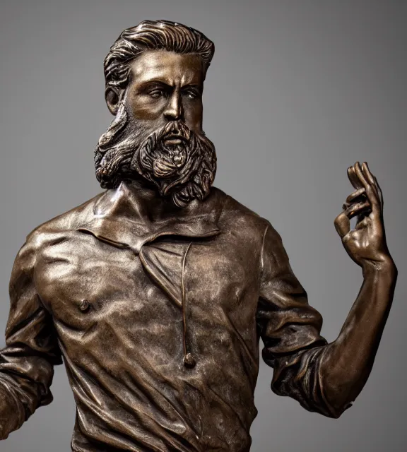 Prompt: a 4 k photorealistic photo medium shot of a bronze statue of a man with a beard.