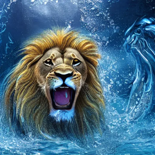 Image similar to a male lion's face breaching through a wall of water, headshot, water sprites, splashing, deep blue ocean, highly detailed, realistic digital art, trending on artstation