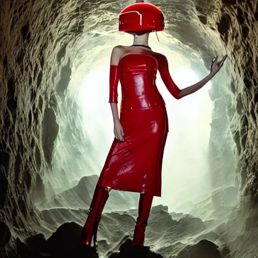 Image similar to female fashion model in year 3000 in a cave, model wearing a surreal Avant-garde helmet in red, dramatic lighting,photography , official Versace editorial , highly detailed