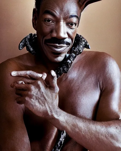 Image similar to actor Eddie Murphy in Elaborate Pan Satyr Goat Man Makeup and prosthetics designed by Rick Baker, Hyperreal, head shots in the style of Annie Leibovitz