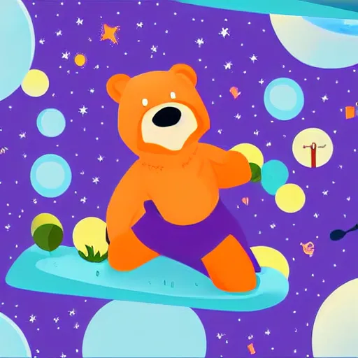 Image similar to cartoon illustration of a bear mascot being launched from a futuristic marble planet, purple and orange cloudland