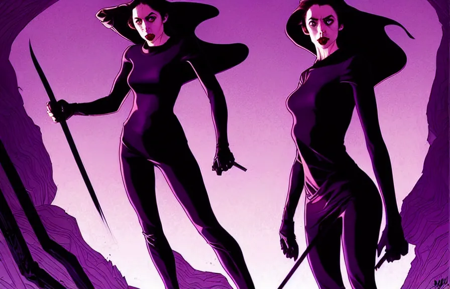 Image similar to rafael albuquerque comic cover art, artgerm, joshua middleton, pretty stella maeve witch doing black magic, serious look, purple dress, symmetrical eyes, symmetrical face, long black hair, full body, werewolf behind eva, twisted evil dark forest in the background, cool colors