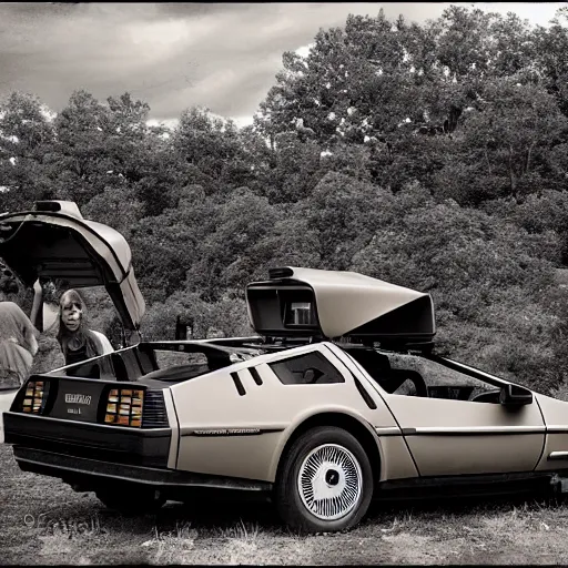 Image similar to a monochromatic sepia photograph of a delorean traveling in a group of covered wagons, trending on art station,