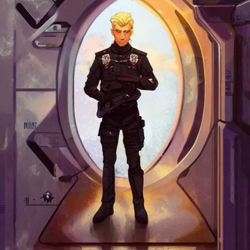 Prompt: uncannily beautiful blonde man, genetically perfect, with distant expression and piercing blue eyes, wearing fascist Byzantine police uniform and standing in ancient bronze arcology airlock, science fiction concept art by Anato Finnstark, Alphonse Mucha, and Greg Rutkowski