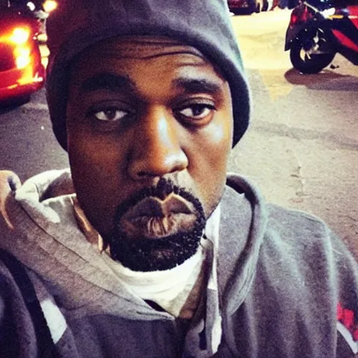 Image similar to this homeless man looks like kanye west if he was poor asf, accidentally taking a selfie, front camera, camera flash is so bright in his face, viral, selfie, viral on twitter, viral on instagram, viral photo