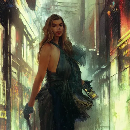 Prompt: indiana evans, hyperrealistic full figure, bladerunner street alley, art of elysium by frank frazetta and by jeremy mann and by alphonse mucha, fantasy art, photo realistic, dynamic lighting, artstation, full figure poster, volumetric lighting, very detailed face, 4 k, award winning