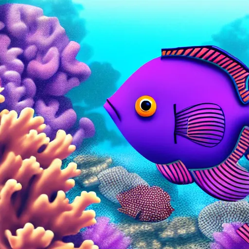 Prompt: A purple fish, swimming in a beautiful coral reef, Digital art, Concept art