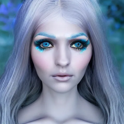 Prompt: “hyperrealistic ultra detailed unreal engine 5 RTX raytracing nvidia hairworks render of portrait of the most beautiful girl with blue eyes and white hair. She is in heavens garden. She has amazing silver jevelery. Nose piercing. Black shiny Latex designer dress . Ultra realistic face Rainbow. Grymes inspires. Wonderful landscape on the background. Photo. Photorealistic ”