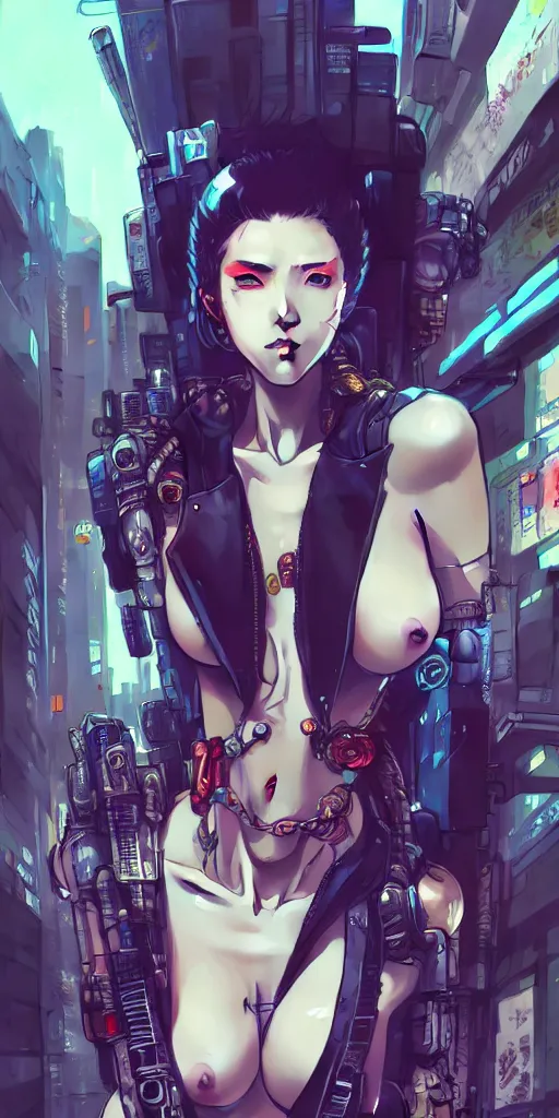 Image similar to hyper - realistic cyberpunk portrait of beautiful! anime woman standing on tokyo street, extreme detail, alluring, in style of yoji shinkawa, pan ren wei, col price, atey ghailan, by greg rutkowski, by greg tocchini, by james gilleard, by joe fenton, by kaethe butcher, grunge aesthetic