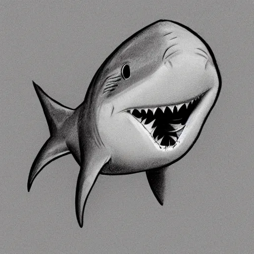 Prompt: happy shark going to work, pencil sketch, black and white