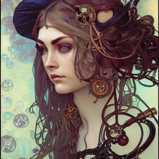 Prompt: realistic detailed face portrait of a Steampunk Cara Delevigne by Alphonse Mucha, Ayami Kojima, Amano, Charlie Bowater, Karol Bak, Greg Hildebrandt, Jean Delville, and Mark Brooks, Art Nouveau, Neo-Gothic, gothic, rich deep moody colors