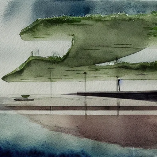 Prompt: watercolor sketch of organic rectangular architecture concept, sea, by greg rutkowski, renzo piano, sketche, villa, people, beach, artistic, ecology, green.