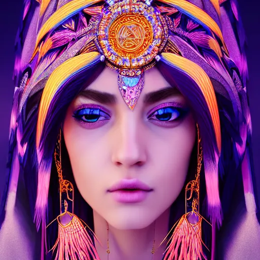 Image similar to portrait highly detailed beautiful symmetrical face high priestess intricate elegant detailed crystal jewellery with tribal feathers, lush colourful volumetric lighting, anime digital painting, concept art, smooth, sharp focus 3 d, divine realm of gods, realistic cinematic style, octane render, photographic, unreal engine 8 k