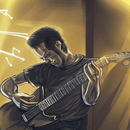 Prompt: a guitarist playing so intensely there is electricity shooting out from under his finger tips and freboard, amazing ditial art, trending on artstation, featured on deviantart