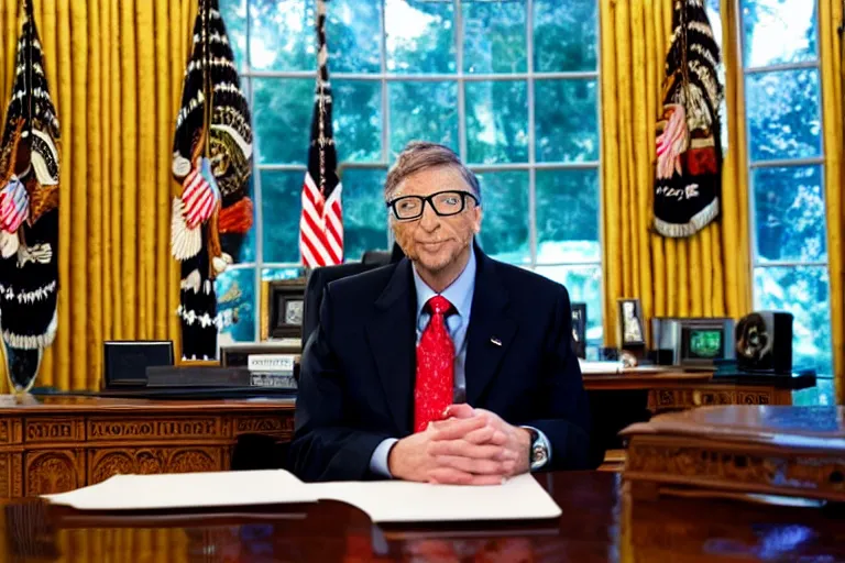 Image similar to president bill gates gives an emergency oval office address, sitting at the resolute desk, circa 2 0 2 2, professional photo, dslr, bokeh