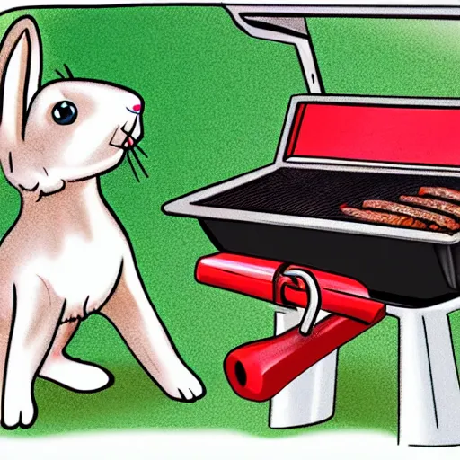 Image similar to cartoon of a pet rabbit sweating scared by the bbq grill