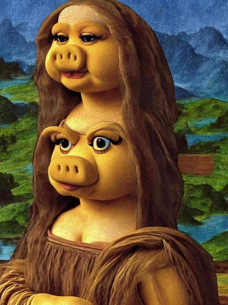 Prompt: Miss Piggy as the Mona Lisa painting by Leonardo da Vinci, ultra detailed, 8k ultrarealistic