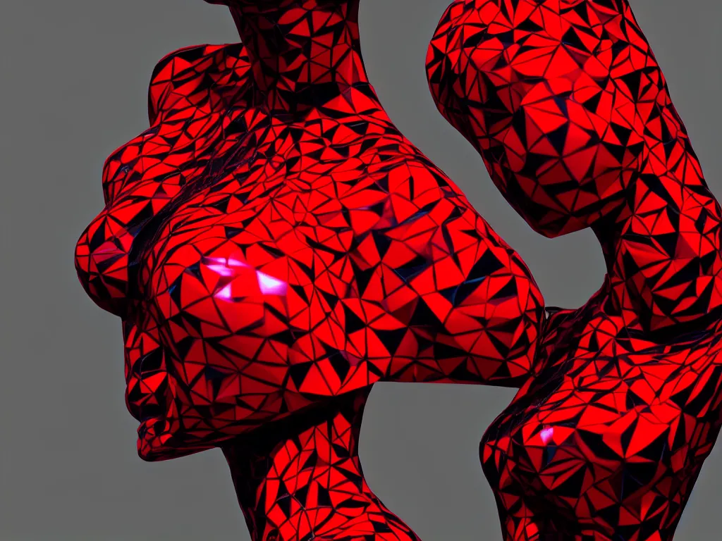 Prompt: a beautiful red and black 3 d geometrically printed mannequin in the style of james jean, chrome orchids dripping black iridescent liquid, winged victory, moody, dramatic, introspective, 4 k, trending on artstation, photorealistic, volumetric lighting, octane render