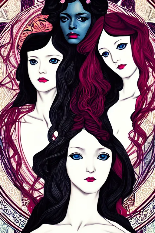 Image similar to triad of muses, representing the 3 winter months of december, january and february, style mix of æon flux, shepard fairey, botticelli, john singer sargent, pre - raphaelites, shoujo manga, harajuku fashion, stark landscape, muted dark colors, superfine inklines, ethereal, 4 k photorealistic