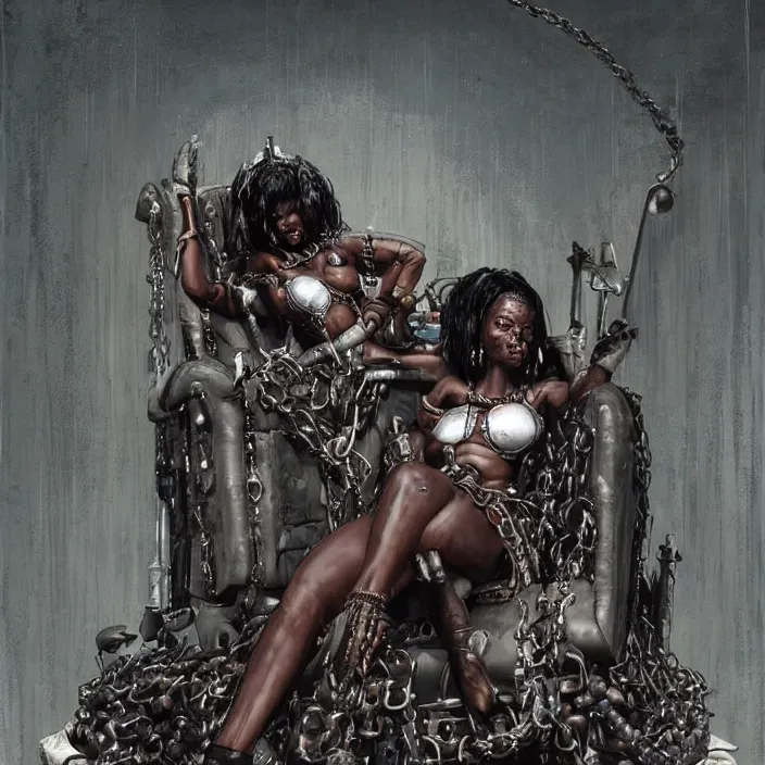 Image similar to postapocalyptic beautiful african domme mistress in her throne, full body, ebony skin, rubber and latex, chains, smooth white surroundings, smooth, concept art, realistic painting, digital art by greg rutkowski, by junji ito