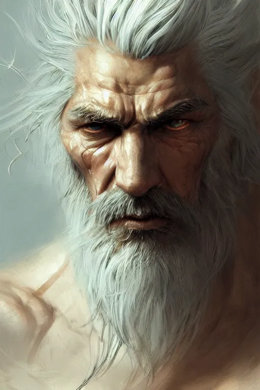 Prompt: painted portrait of rugged sephirot, white hair, masculine, mature, handsome, upper body, muscular, hairy torso, fantasy, intricate, elegant, highly detailed, digital painting, artstation, concept art, smooth, sharp focus, illustration, art by gaston bussiere and craig mullins