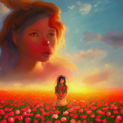 Image similar to large rose in front of face, girl frontal in a flower field, surreal photography, sunrise dramatic light, impressionist painting, colorful clouds, digital painting, artstation, simon stalenhag