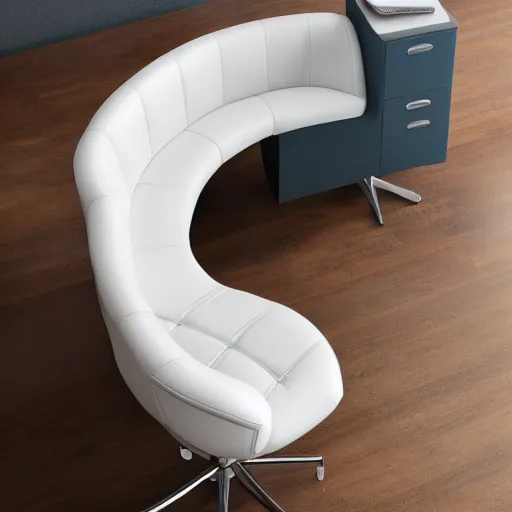 Image similar to office hair with white leather seat, circular curved wooden back, wheels, professional photography, 8k